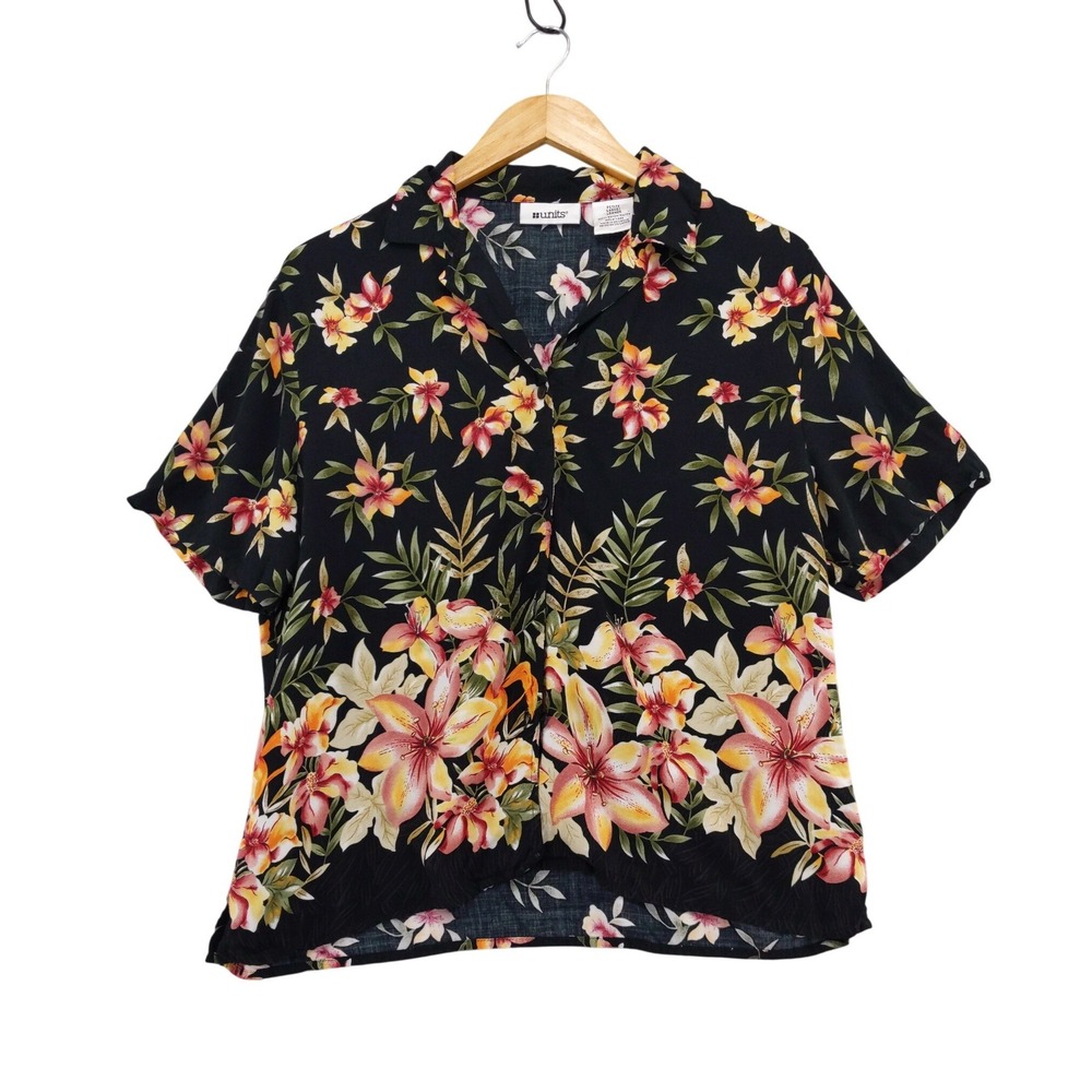 Vintage 90s Y2K Rayon Button Up Shirt Women Petite LBlack Tropical Floral Units